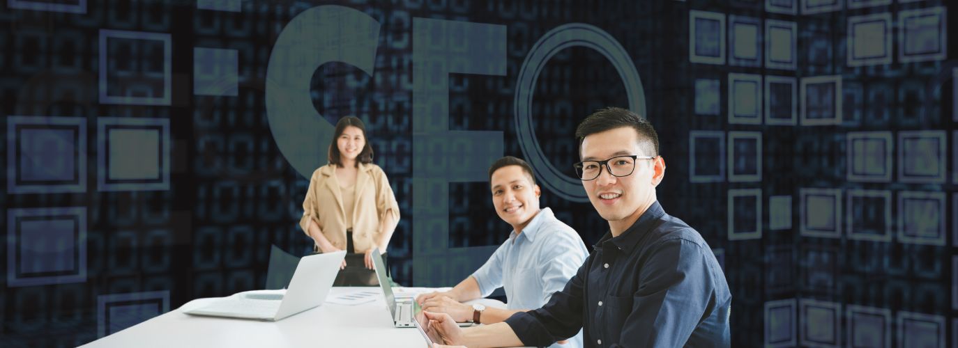 Illustration of SEO strategy elements including on-page SEO, off-page SEO, and technical SEO boosting website visibility.