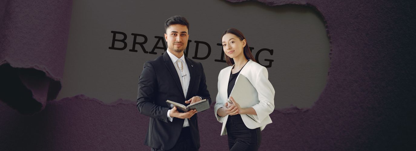 Visual elements representing a strong brand identity including logo design, brand colors, and consistent marketing across platforms