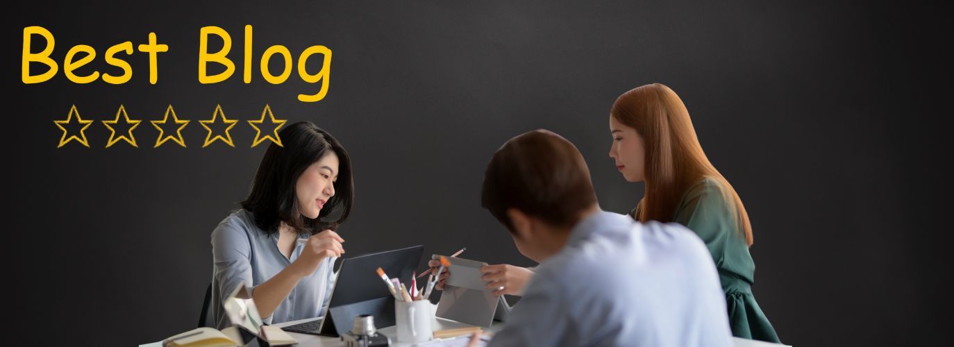 Illustration showing SEO blog writing process with keywords, charts, and a computer screen