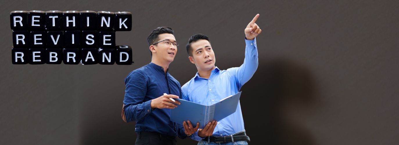 Rebranding strategy infographic showing logo design, color updates, and digital brand messaging