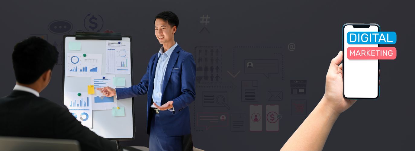 Digital marketing dashboard with analytics and KPIs displayed on screen