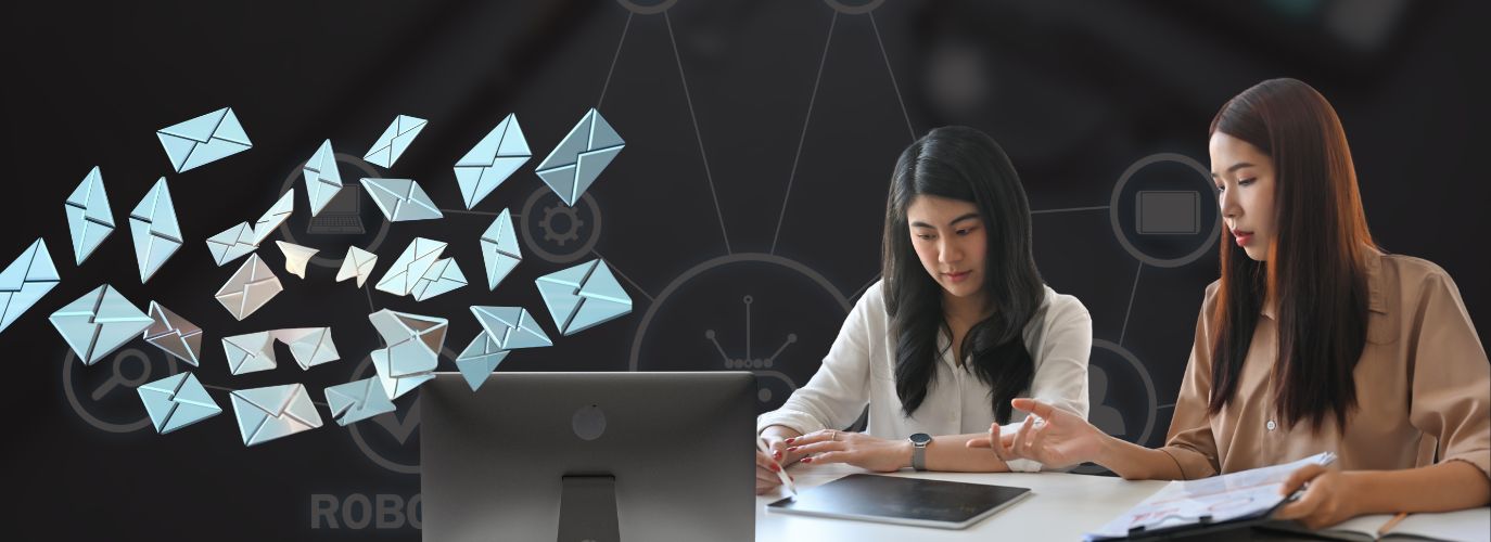 Email marketing automation strategy infographic with triggered emails, drip campaigns, and performance metrics