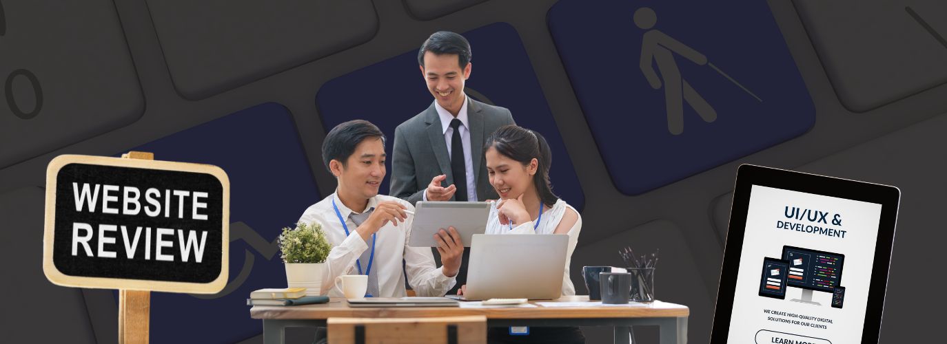 Illustration of accessible website design showing inclusive features like keyboard navigation, screen reader compatibility, and color contrast tools