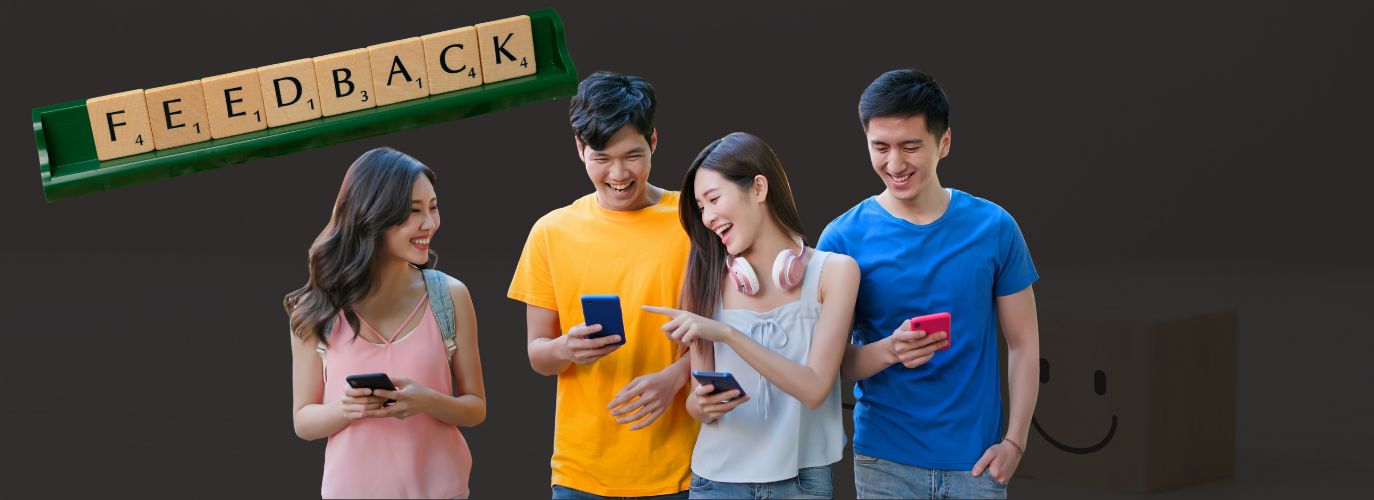 Happy customer leaving a review on a laptop, with testimonial quotes and social media icons in the background