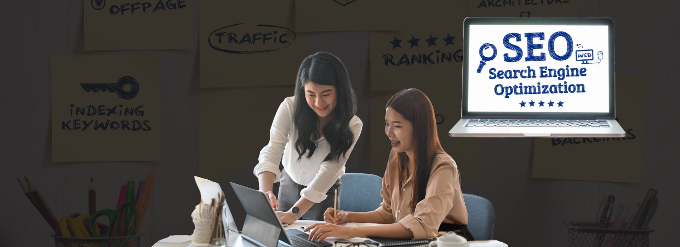 Illustration of a well-optimized website structure with SEO elements like clean URLs, internal links, and fast loading speed