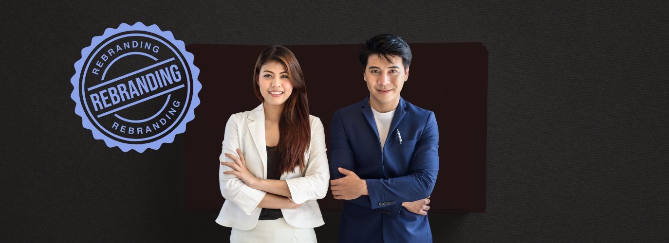 Business team discussing rebranding strategy during a meeting