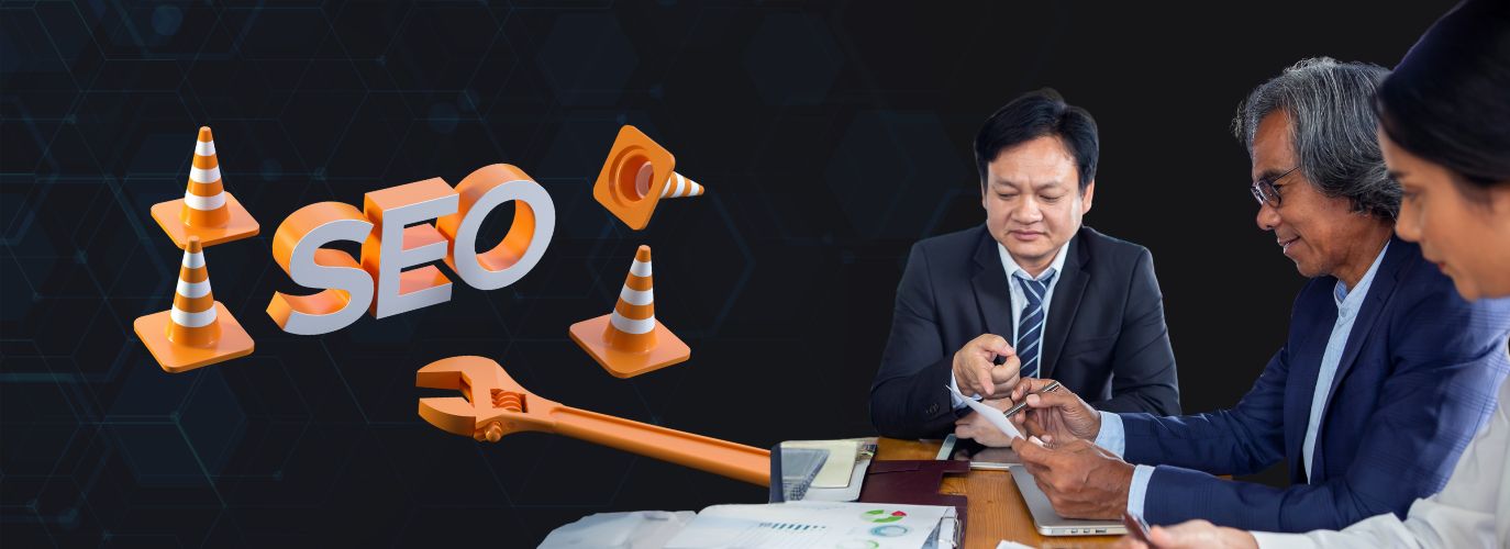 Illustration of a website SEO audit highlighting meta tags, mobile optimization, and internal links for improved Google rankings