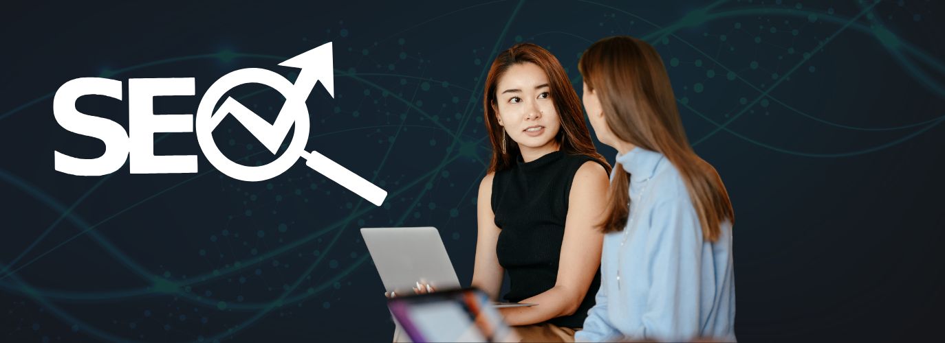 Illustration of a content strategist analyzing keyword data and optimizing a website for SEO