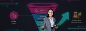 Sales funnel optimization process showing customer journey stages from awareness to conversion.